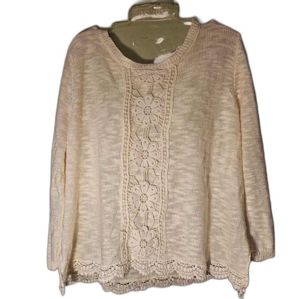 Cato Junior XL NWOT Cream Crochet Lightweight Sweater 3/4 Sleeve Boho Chic